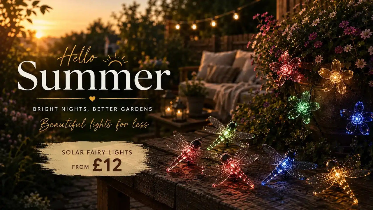 Outdoor garden scene with solar fairy lights and 'Hello Summer' text.