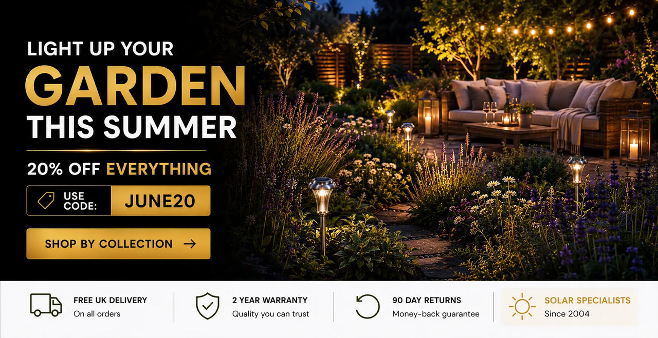 Promotional banner for outdoor lighting with a garden scene, text offering 20% off everything with a code, and various icons at the bottom.
