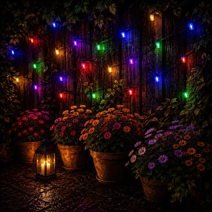 Colorful string lights hanging above potted flowers in a garden setting