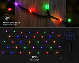 Multicolored LED string lights on a wooden post with solar panel and measurement details.