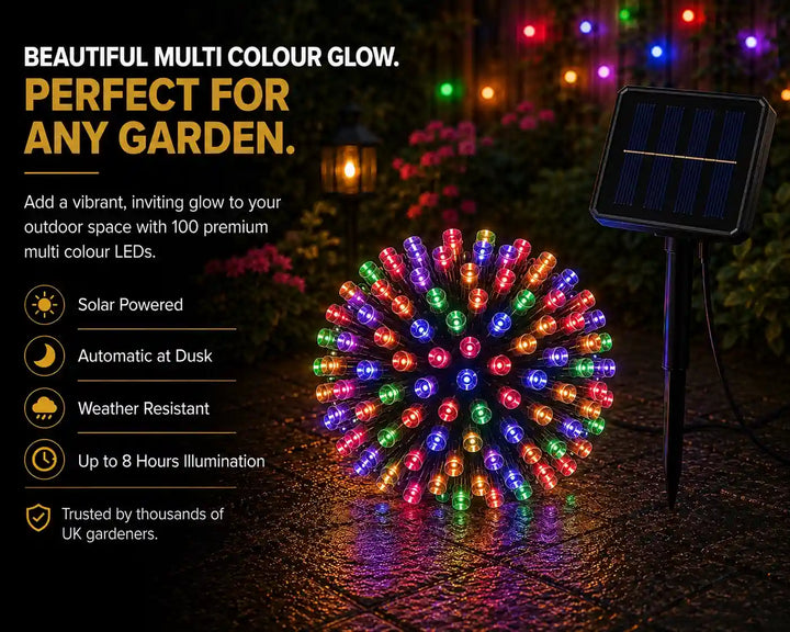 Multicolored string lights with solar panel on a garden path, text highlighting features.
