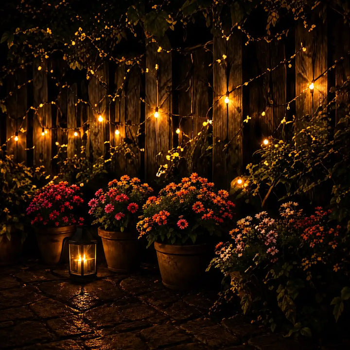Garden scene with potted flowers and string lights against a wooden fence at night.
