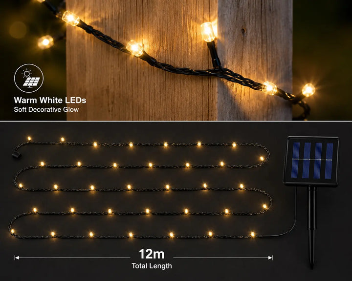 String lights with warm white LEDs on a wooden surface, showing solar panel and measurement details.