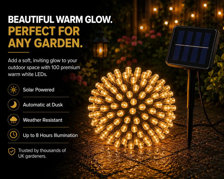 Solar powered decorative light ball with text highlighting features on a garden background