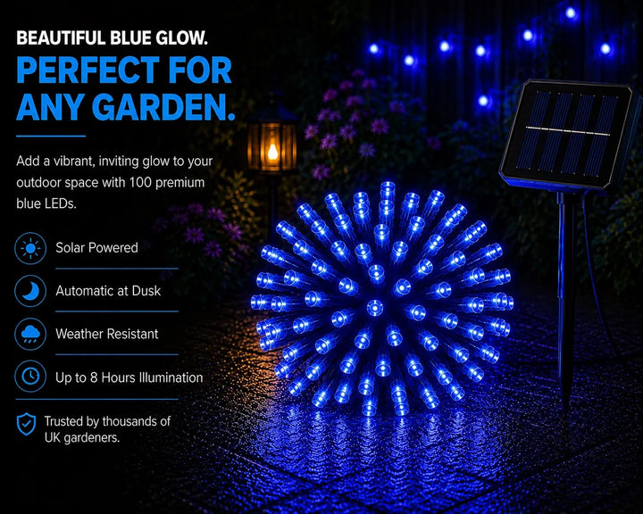 Blue LED light ball with solar panel on a dark background, featuring text about its features.