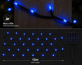 Blue LED string lights on a black background with product details.