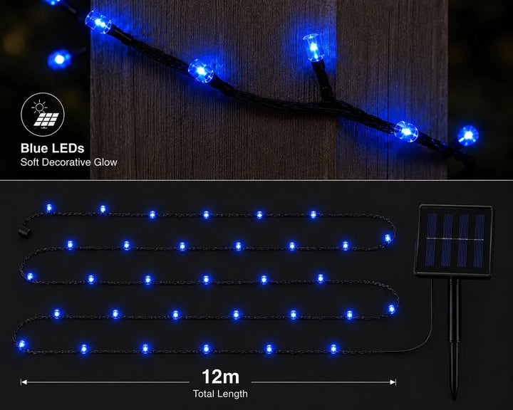 Blue LED string lights on a black background with product details.
