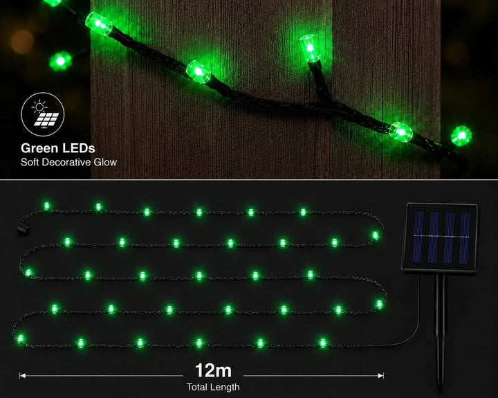 Green LED string lights on a branch with solar panel and length measurement.