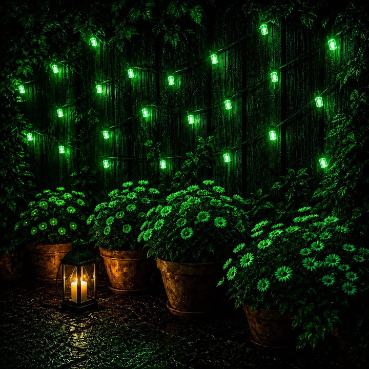 String lights hanging above potted plants with a lantern in the dark