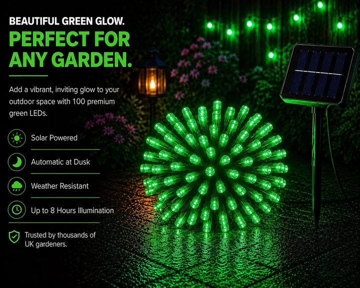Solar powered green LED garden light with text highlighting features on a dark background.