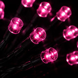 String of pink LED lights on a black background