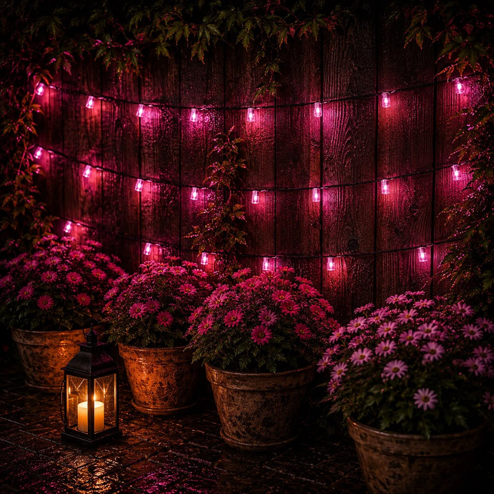 String lights with pink bulbs on a wooden fence, surrounded by potted plants in a garden setting.