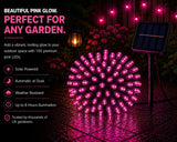 Solar powered pink LED string lights on a dark background with text highlighting features.