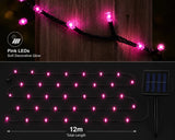 String of pink LED lights on a wooden surface with product details.