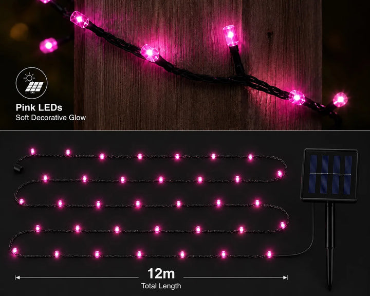 String of pink LED lights on a wooden surface with product details.