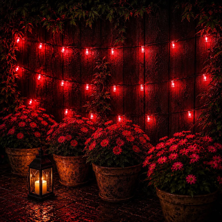Red string lights on a wooden fence with potted plants and a lantern in the dark.