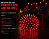Red LED light display with solar panel and text about its features on a dark background.