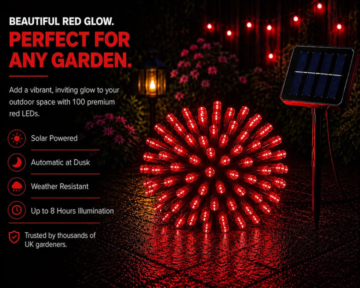 Red LED light display with solar panel and text about its features on a dark background.