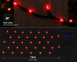 Red LED string lights on a black background with product details.