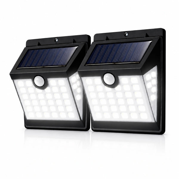 Two solar powered outdoor lights with motion sensor on a white background