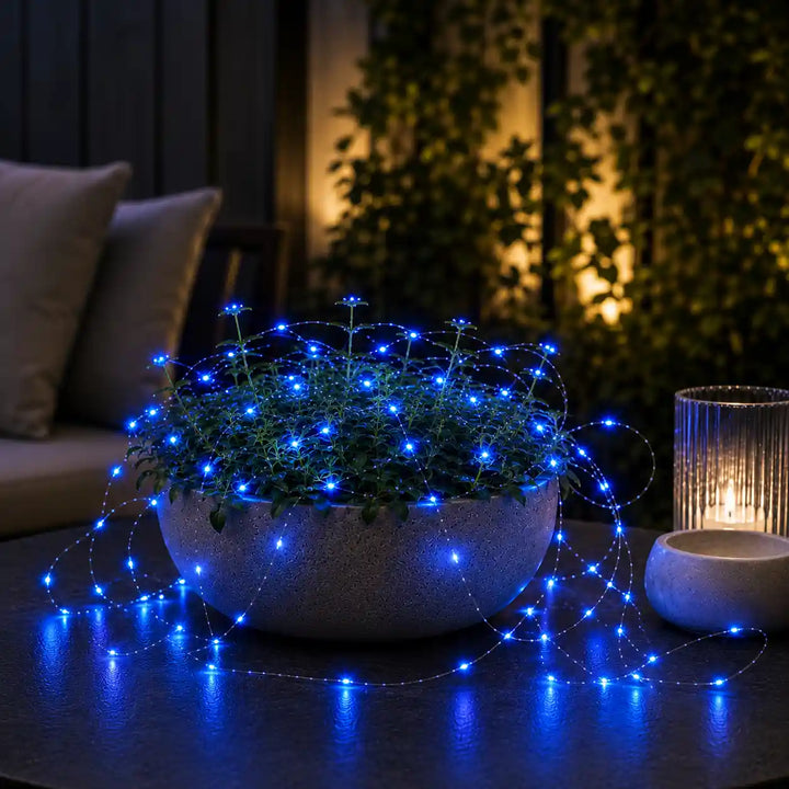 Potted plant with blue LED solar string lights on a table at night