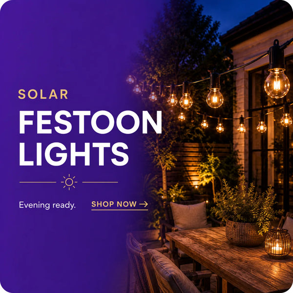 Promotional graphic for Festoon solar lights, showing warm glowing string lights hanging over a wooden outdoor dining table at dusk. Large text on the left reads 'SOLAR FESTOON LIGHTS' with 'Evening ready.