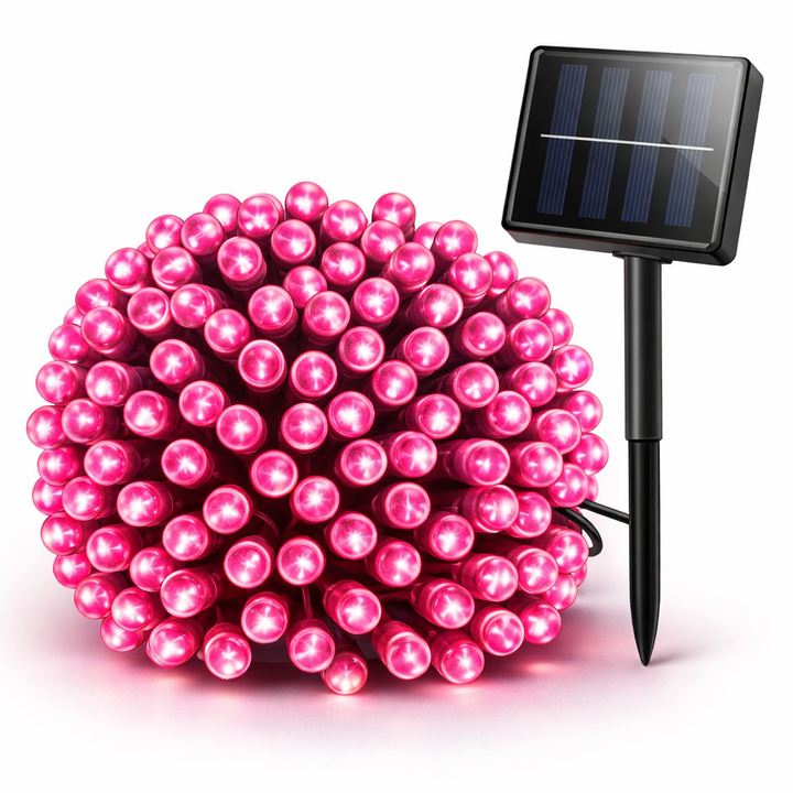 Pink string lights with a solar panel on a white background