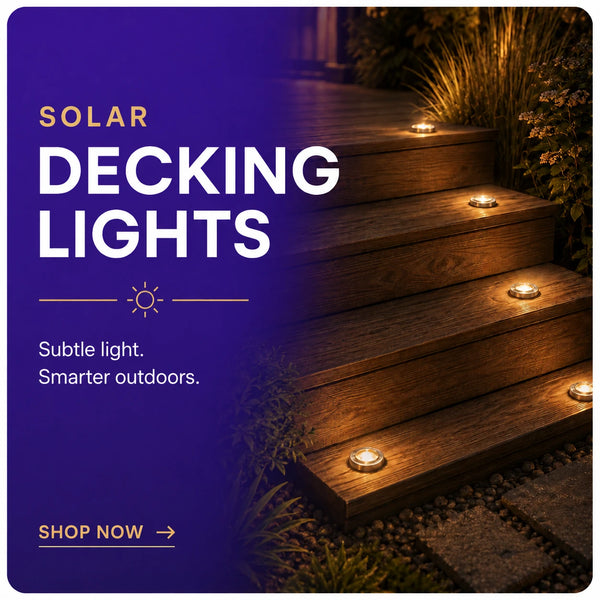 Promotional graphic for solar decking lights, showing a set of outdoor steps illuminated at night with small tea light-style candles. The left side has a dark purple background with white and gold text reading 'SOLAR DECKING LIGHTS,' 'Subtle light.
