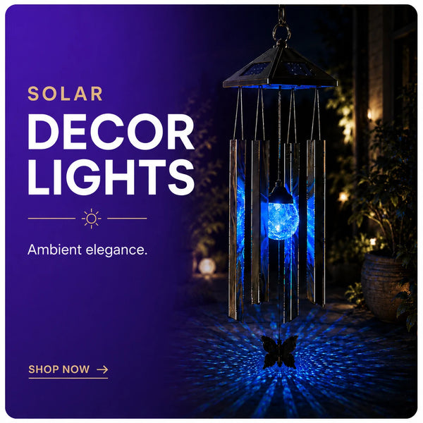 Solar wind chime garden lights with a blue glowing orb and butterfly-shaped light projection, shown in a nighttime outdoor setting next to promotional text on a purple background.