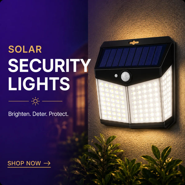Solar security light mounted on a textured wall at night, with a purple promotional background and text reading 'SOLAR SECURITY LIGHTS' and 'SHOP NOW'.