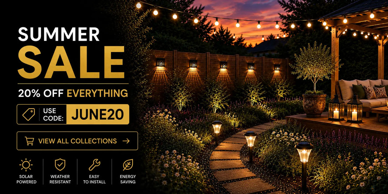 Outdoor solar garden light setting with summer sale text