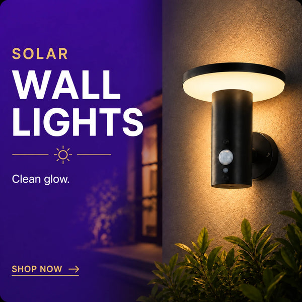 A black solar wall light with a glowing warm white LED lampshade and motion sensor, mounted on a textured wall next to a purple promotional banner that reads 'SOLAR WALL LIGHTS' and 'Clean glow.'.