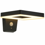 A square black solar wall light with a sleek design, featuring a built-in motion sensor and illuminated LED light panel.