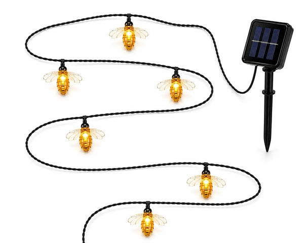 Solar string lights shaped like bees with a solar panel on a white background