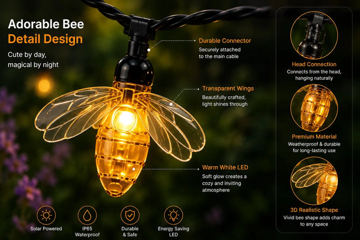Solar powered bee-shaped string light with detailed features on a dark background