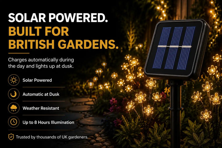 Solar powered garden light with text highlighting features, set against a garden backdrop.