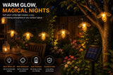 Solar string lights with bee design in a garden setting, featuring text about their benefits.