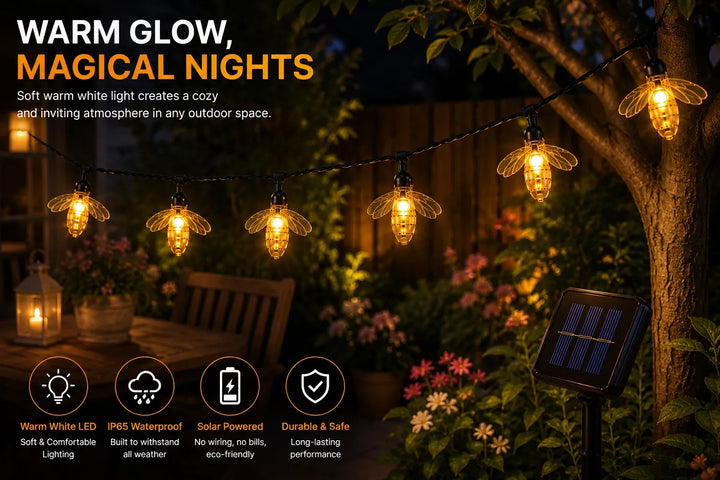 Solar string lights with bee design in a garden setting, featuring text about their benefits.