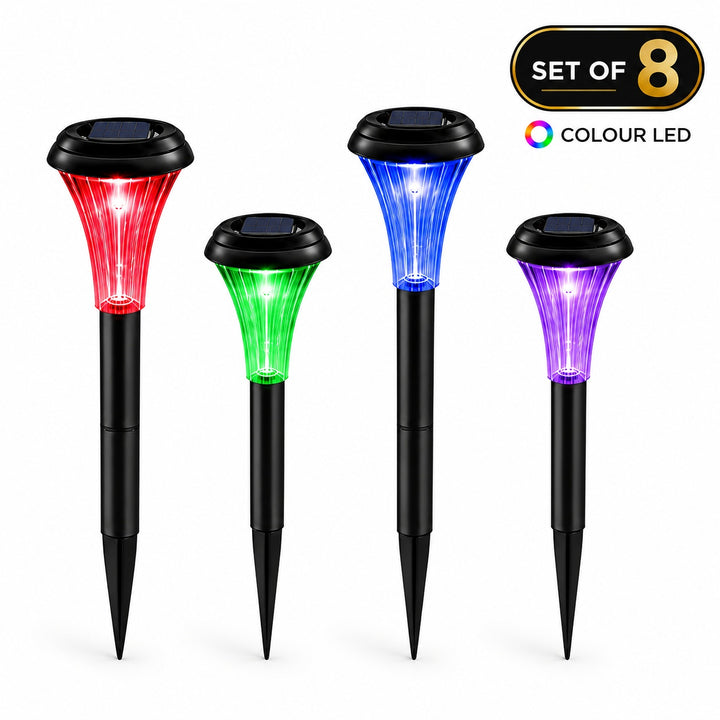 Set of 8 colorful LED solar lights on a white background