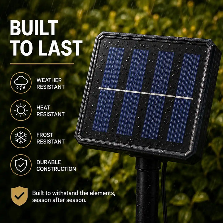 Solar panel on a stand with weather resistance features highlighted