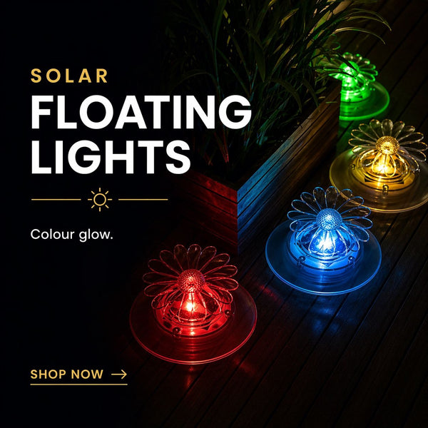 Solar floating lights in red, blue, and green on a dark surface with text 'Solar Floating Lights' and 'Shop Now'.