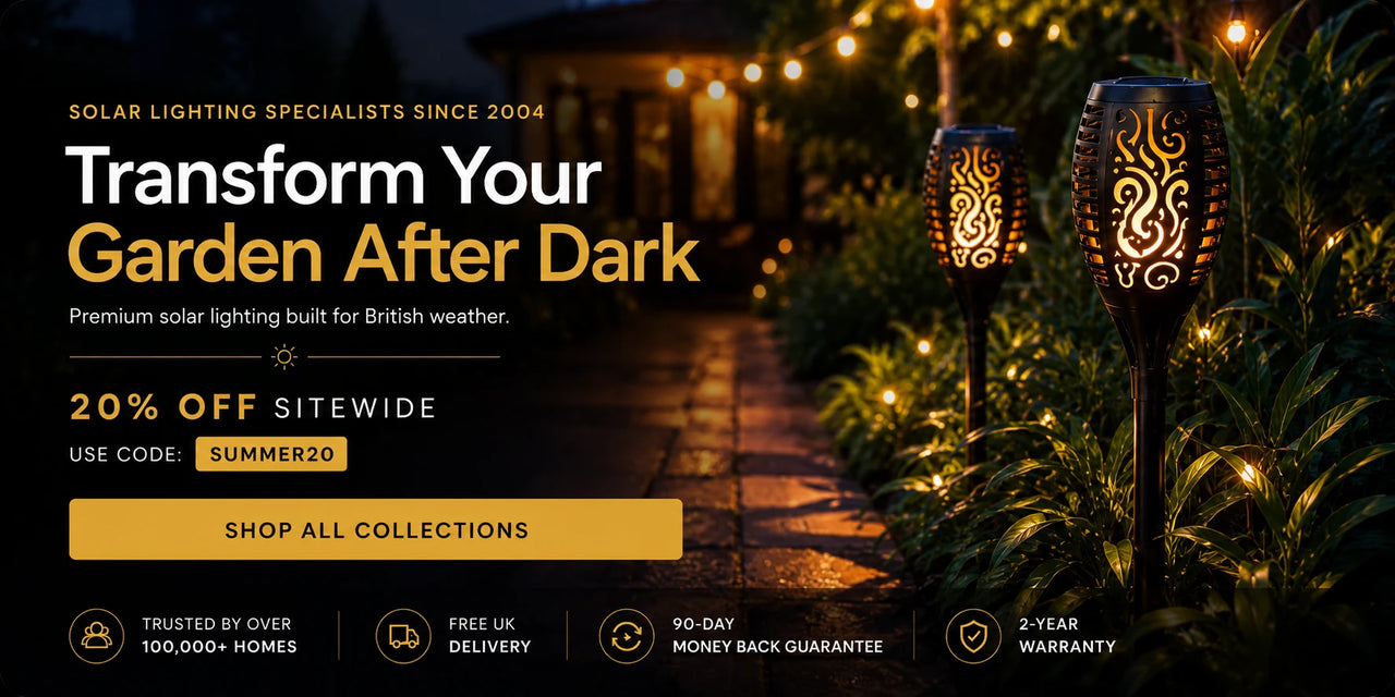 Promotional banner for solar garden lighting showing two illuminated decorative posts in a garden at night, with text reading 'Transform Your Garden After Dark' and '20% OFF SITEWIDE'.
