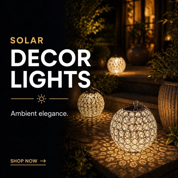 Solar decor lights in a garden setting with text overlay.