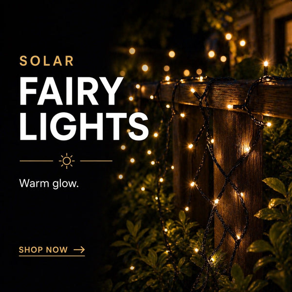 Solar fairy lights on a wooden fence with text overlay.