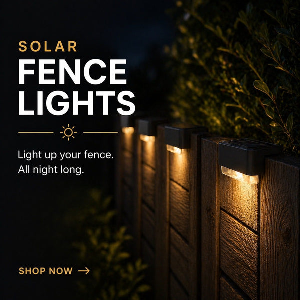 Solar fence lights on a wooden fence with promotional text.