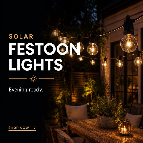 Solar festoon lights on a patio with text overlay