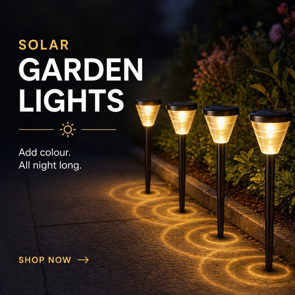 Solar garden lights on a pathway with text promoting their use.