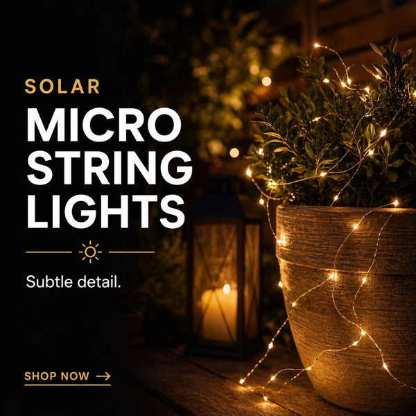 Solar micro string lights on a plant with promotional text and call to action.