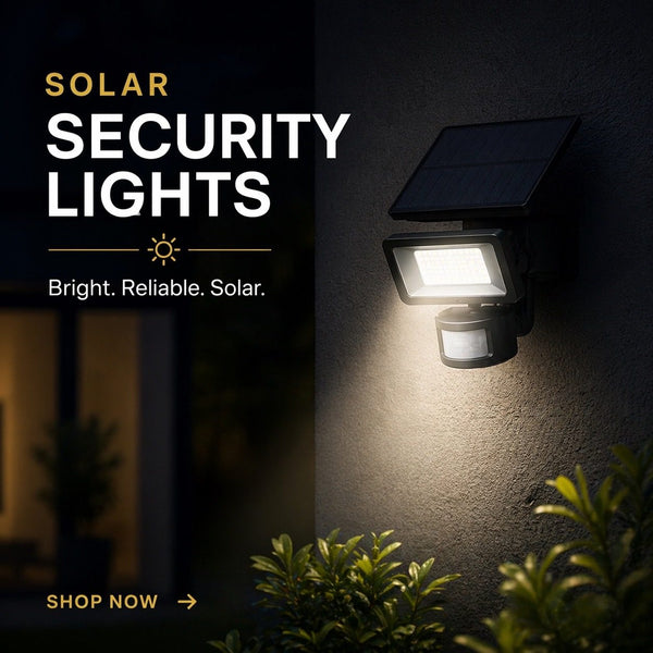 Solar security light on a wall.
