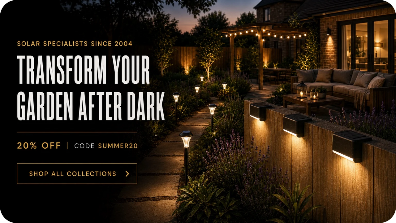 Banner for solar garden lights showing a beautifully lit backyard patio and pathway at dusk. Large text on the left reads 'TRANSFORM YOUR GARDEN AFTER DARK' with 'SOLAR SPECIALISTS SINCE 2004', '20% OFF | CODE SUMMER20', and 'SHOP ALL COLLECTIONS'.